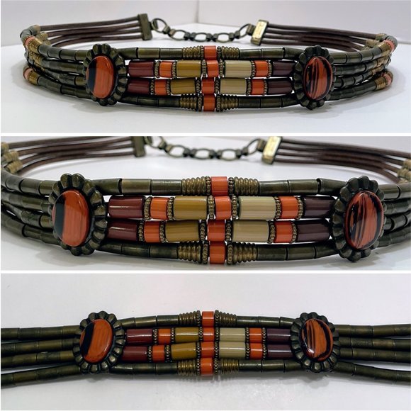 Vintage 80s G Gagliano of Florence Italy Tubular Brass & Galalith Tube Bead Belt main image 7